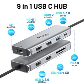 USB C Docking Station Dual Monitor, 9 in 1 Triple Display Docking Station to Dual HDMI Adapter Displayport SD TF Card Reader 2USB 2.0, 1 USB 3.0, 100W PD for USB C Thunderbolt 3/4 Laptops