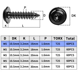 Pack of 60 Screws Black M5 x 16 mm Wood Screws Tapping Screws Black Galvanised Pan Head Screws Flat Head Self Tapping with Washer for Acoustic Panels 304 Stainless Steel Torx Flat Head Screws