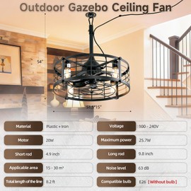 AHAWILL 20" Gazebo Fan with Light,Plug and Play,Outdoor Hanging Fan