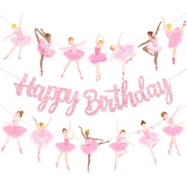 3Pcs Ballet Girls Happy Birthday Banners Glitter Pink Ballerina Birthday Decorations Ballerina Party Banners Ballet Themed Hanging Banner Decor for Girls Tutu Dance Party Supplies