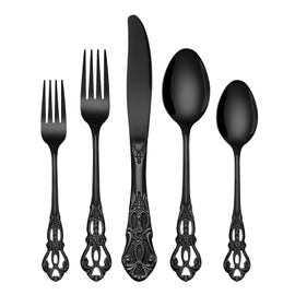 EUIRIO 40 Pieces Royal Silverware Set Black, Retro Flatware Set for 8, Stainless Steel Cutlery Set with Luxury Forks Spoons and Knives, Utensils Set Mirror Polished, Dishwasher Safe