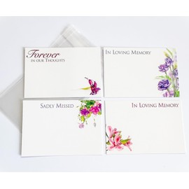 ShredAstic® PACK OF 4 assorted small Florist Funeral flower Message Cards with 4 clear cellophane self seal bags 6 x 9cm (60x90mm) Forever in our thoughts, In loving memory, Sadly missed