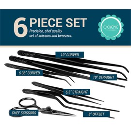 O'Creme Set of Culinary Tweezer Tongs Offset, Straight and Curved, Plus Extra Sharp Chef Scissors, Total 6 Pieces (Black)