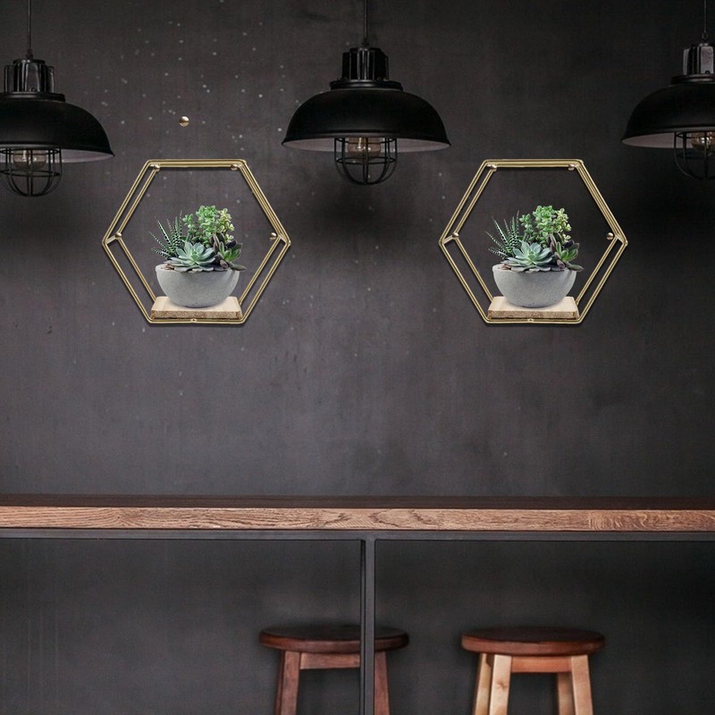 STOBAZA 2 Pack Hexagonal Wall Mounted Gold Shelves Wall Decor