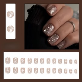 SXVME Soft Gel Press on Nails Short Square, False Nails with Chrome Swirl Design, French Fake Nails Short Coffin, Sliver Wave Pattern Full Cover Nude Pink Stick on Nail for Women Fall Winter