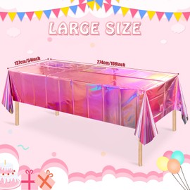 4 Pack Iridescent Pink Plastic Tablecloths, FunnyPars Shiny Disposable Laser Rectangle Table Covers, Holographic Foil Tablecloth Iridescent Party Decorations for Birthday Wedding Christmas, 54x108Inch