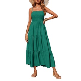 PRETTYGARDEN Women's Summer Maxi Dress 2025 Casual Boho Sleeveless Spaghetti Strap Smocked Tiered Long Beach Sun Dresses (Green,S)