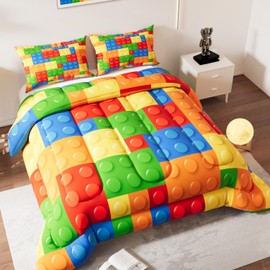 Namoxpa Building Blocks Comforter Set, Colorful Theme 3D Pattern for Kids Teens Adults,Decorative Bedding Comforter Sets with 2 Pillow Shams, Twin Size