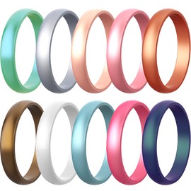 Zollen 10 Packs Silicone Rings for Women, 5.5 MM Metallic Colors Rubber Wedding Bands Stackable Ring, Size 7