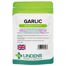 Lindens Garlic Odourless Capsules - 1000mg (700mcg Allicin) - 200 Capsules for 200 Days’ Supply - UK Manufacturer, Letterbox Friendly