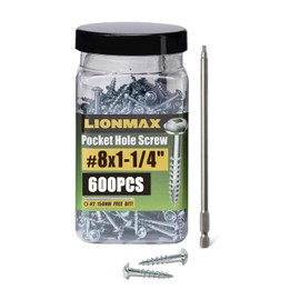 LIONMAX Pocket Hole Screws 1-1/4 Inch, 600 PCS Interior Pocket Screw #8 x 1-1/4", Coarse Thread, Square Drive, Washer Head, Zinc Plated, 150MM Drive Bit Included