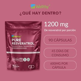 Wellthy Pure Resveratrol 90 Cápsulas. 1200mg por Porción, 45 Porciones por Envase, VCaps Cápsulas Veganas, Bottle Free