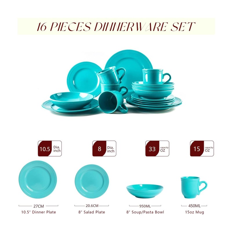 HomeVss, Pearl Dots Stoneware Dinnerware Set (16pc Set, Turquoise)