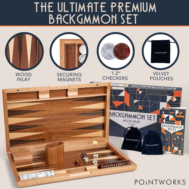 Pointworks 17 Inch Backgammon Sets for Adults. Beautiful Wood Inlaid