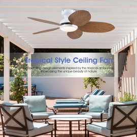 Kviflon Ceiling Fans with Lights and Remote/APP Control, 45 Inch Low Profile Tropical Ceiling Fan for Living Room Bedroom, Outdoor Flush Mount Palm Leaf Ceiling Fan for Patios Porch, Wood Grain