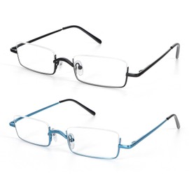 KoKoBin Half Reading Glasses 2 Pairs Square Half Rim Metal Frame Glasses Spring Hinge Readers for Men and Women(Black+Blue 1.00)