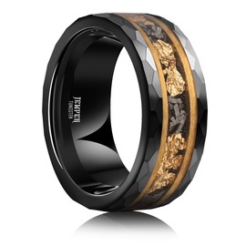 JEWPER Tungsten Rings for Men Womens 8mm Black Fashion Promise Wedding Band Hammered Groove Meteorite Orbo Carbide Beveled Polished Edge Comfort Fit, 10.5, Tungsten Metal, gold leaf