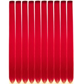 Red Hair Extensions Colored Clip in Hair Extensions Straight Synthetic Colorful Hair Extensions for Kids Women Festival Party 22 inch