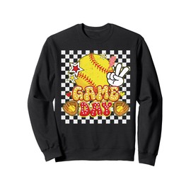 Checkered Game Day Cute Coquette Bow Softball Women Girls Sweatshirt
