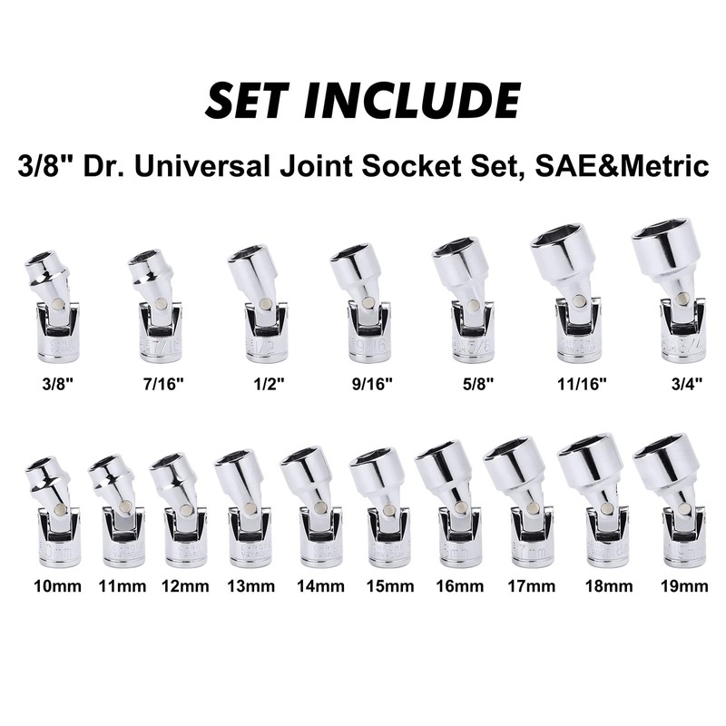 CASOMAN 17PCS 3/8" Drive Universal Flex Socket Set, SAE&Metric, 3/8"