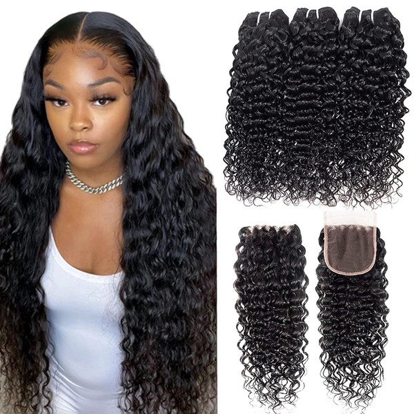 UR Beautiful Curly Human Hair Bundles with Closure Virgin Water Wave Weave Bundles with Lace Closure 10 12 14 + 10 Brazilian Water Wave Human Hair 3 Bundles with Closure