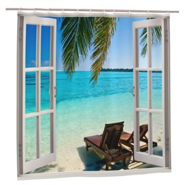 Outdoor Garden Shower Curtain, Summer Beach Palm Tree Ocean Seascape Through White Wooden Windows Tropical Island Blue Green Bath Curtain, Waterproof Bathroom Decor with Hooks, 180X180cm/ 71X71 in