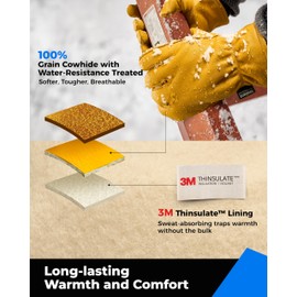 toolant Slip-On Winter Leather Work Gloves for Men, 100% Grain Cowhide with Water Resistance, Warm Thinsulate Lining, Easy to Match and Wear, Durable Insulated Gloves for Cold Weather, Size Large