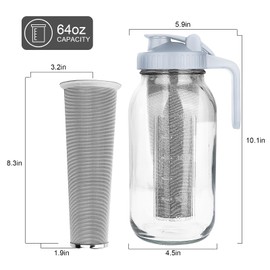 QHH Cold Brew Coffee Maker, 64 oz Wide Mouth Mason Jar Pitcher with Stainless Steel Filter, Pour Spout Handle Lid, Heavy Duty Glass Airtight & Leak-Proof Pitcher for iced coffee & Tea Lemonade- Gray
