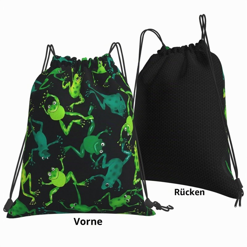 Richugui Backpack with Drawstring, Green, Black, Frogs, Drawstring Bag, Sports,