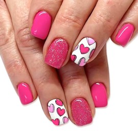 Vokupoga Valentine Pink Press on Nails Short Square Fake Nails Glitter False Nails with Heart Designs Glue on Nails Short Nail Press ons Sparkly Artificial Nails Cute Stick on Nails for Women 24Pcs