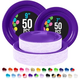 Exquisite Purple Paper Plates - Disposable 100 Pcs Set (50-7" & 50-9") Heavy Duty Plates for Party
