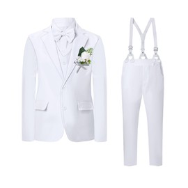 DISAUR White Boys Tuxedo Boys Linen Suit for Weddings 7 Pcs Including Jacket,Pants,Shirt,Vest,Corsage,Suspender and Bow Tie for 8-9 Years
