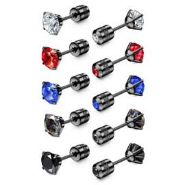 CASSIECA 5 Pairs Surgical Steel Screw Back Stainless Steel Stud Earrings for Women Men, Rainbow 5A Cubic Zirconia Sleeper Studs Hypoallergenic Earrings for Sensitive Ears 5mm