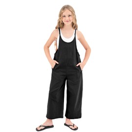 Rolanko Girls Jumpsuit Adjustable Spaghetti Strap Loose Overalls Rompers, Cotton Baggy Plain Playsuits with Pockets for Age 5-12 Years, Black, Size: 11-12 Years, 160