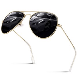 GQUEEN Aviator Glasses Men Women Polarised Sunglasses Pilot Lightweight Metal Alloy 58 mm 62 mm UV400, 58mm Gold Grey