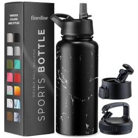 FineDine Triple Walled, Insulated Water Bottles with Straw - 32 Oz Stainless Steel Metal Bottle W/ 3 Leak Proof Lids - For Travel, School, Sports, Gym/Men, Women & Kids - Polished Raven Marble