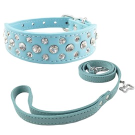 Newten Sina Fashion Dog Collar and Lead Set Bling Cute Canvas Diamante Dog Collar for Puppies, XS, blue