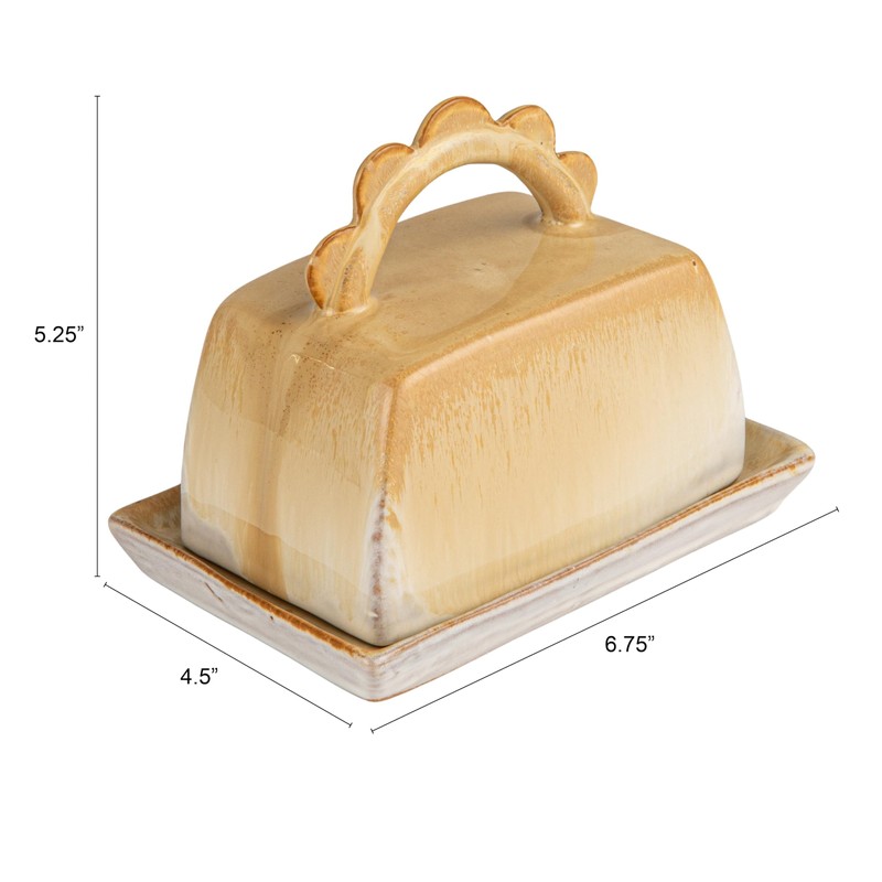 Bloomingville Stoneware Butter Dish with Scalloped Handle, Caramel