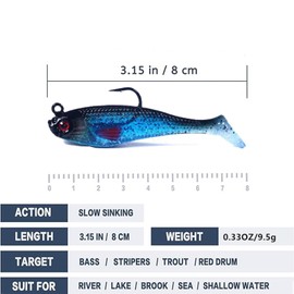 WUWYOUWL Fishing Lure Set, 5Pcs 8cm Soft Bait Head Sea Fish Lures Fishing Tackle Sharp Treble Hook T Tail Artificial Bait (Blue)