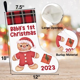 JOWMIJ Baby's 1st Christmas Stocking 2023, Baby's First Christmas Stocking Gifts for Baby, Newborn Gingerbread Xmas Stockings for Home Fireplace Decor Holiday Christmas Decorations