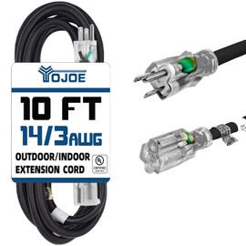 YOJOE Indoor Outdoor Extension Cord with Lighted End, 3 Prong 15A Weatherproof Power Cord, 14 Gauge Heavy Duty 10 ft Black Extension Cord for Garage, Garden and Home, 14/3 SJTW UL Listed