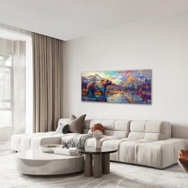 Bear Large Wall Art Bear Mountain Pictures Wall Decor Lake Landscape Canvas Painting Modern Artwork Home Decoration for Living Room Bathroom Bedroom Office Framed 60"x30"