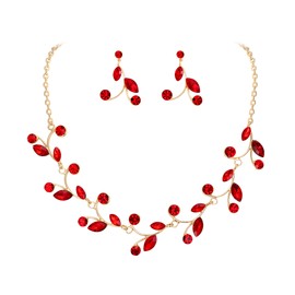 EleQueen Women's Gorgeous Rhinestone Crystal Marquise-Cut Pear Shape Floral Necklace Earrings Jewelry Set for Wedding Bridal Party Red Gold -Tone