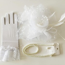 SAISI 5 Pack Black Fascinators Hat for Women Tea Party Fashion Kentucky Derby Hats Headpiece Lace Gloves Pearl Set for 1920s Women Tea Party Accessories (White)