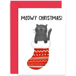 Old English Co. Meowy Christmas Card - Funny Cat Merry Christmas Card for Him Her - Hilarious Card for Friends and Family | Blank Inside with Envelope