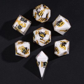 Cusdie 7-Piece Sharp Edges DND Dice Set - Cute Black Cat Stickers Inside - Perfect for Tabletop RPGs and Board Games