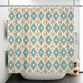 ASDCXZ Boho Shower Curtain 180 x 180 cm, Modern Boho Blue Beige Star Rule Geometry Pattern Bathroom Washable Shower Curtains Polyester Textile Waterproof Bath Curtain for Bathtub with 12 Hooks