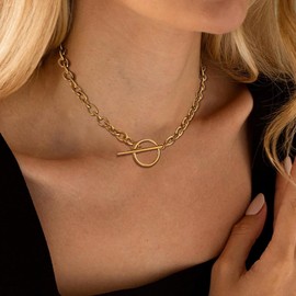 Gold Chunky Necklace for Women 14K Gold Plated Chain OT Toggle Cuban Link Chain Necklace Statement T Bar Clasp Thick Gold Jewelry Gifts