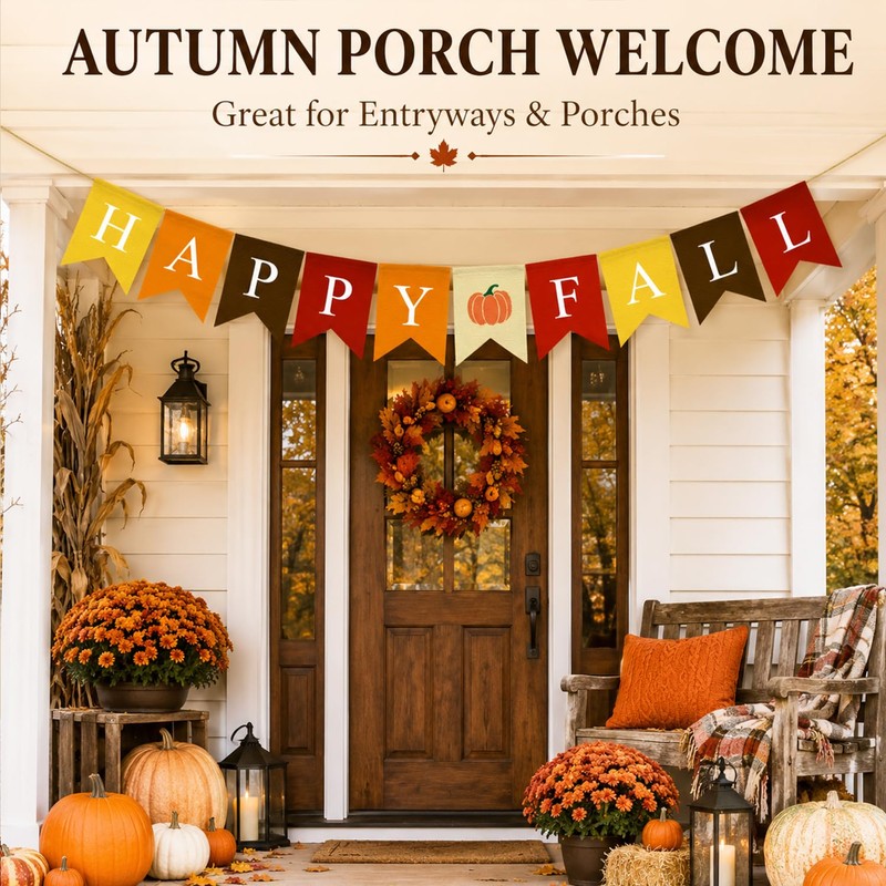 Adurself Happy Fall Burlap Banner with Pumpkin, Pre-Strung Faux Burlap