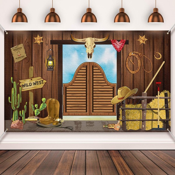 Western Party Supplies, Large Fabric Saloon YeeHaw Western Scene Setters for Western Themed, Wooden House Barn Banner Cowboy Decoration Photo Booth Backdrop Background (Wild West)